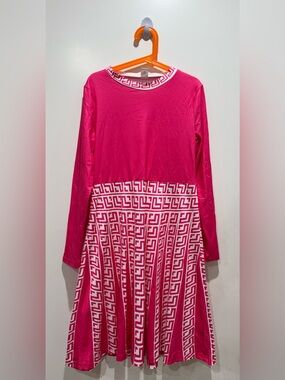 Shein-Fuchsia Pink Long Sleeve Patterned Midi Dress